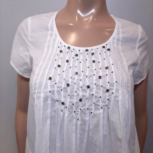 REBECCA TAYLOR Pintucked Blouse Short Sleeve Smoky Gem Embellished A-Line Top - Picture 2 of 14